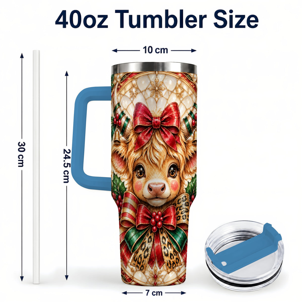 #pl[40oz|Blue] Ornate Cow 40oz Tumbler, Christmas Cow Tumbler, Stainless Steel Travel Cup