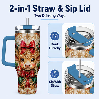 #pl[40oz|Blue] Ornate Cow 40oz Tumbler, Christmas Cow Tumbler, Stainless Steel Travel Cup
