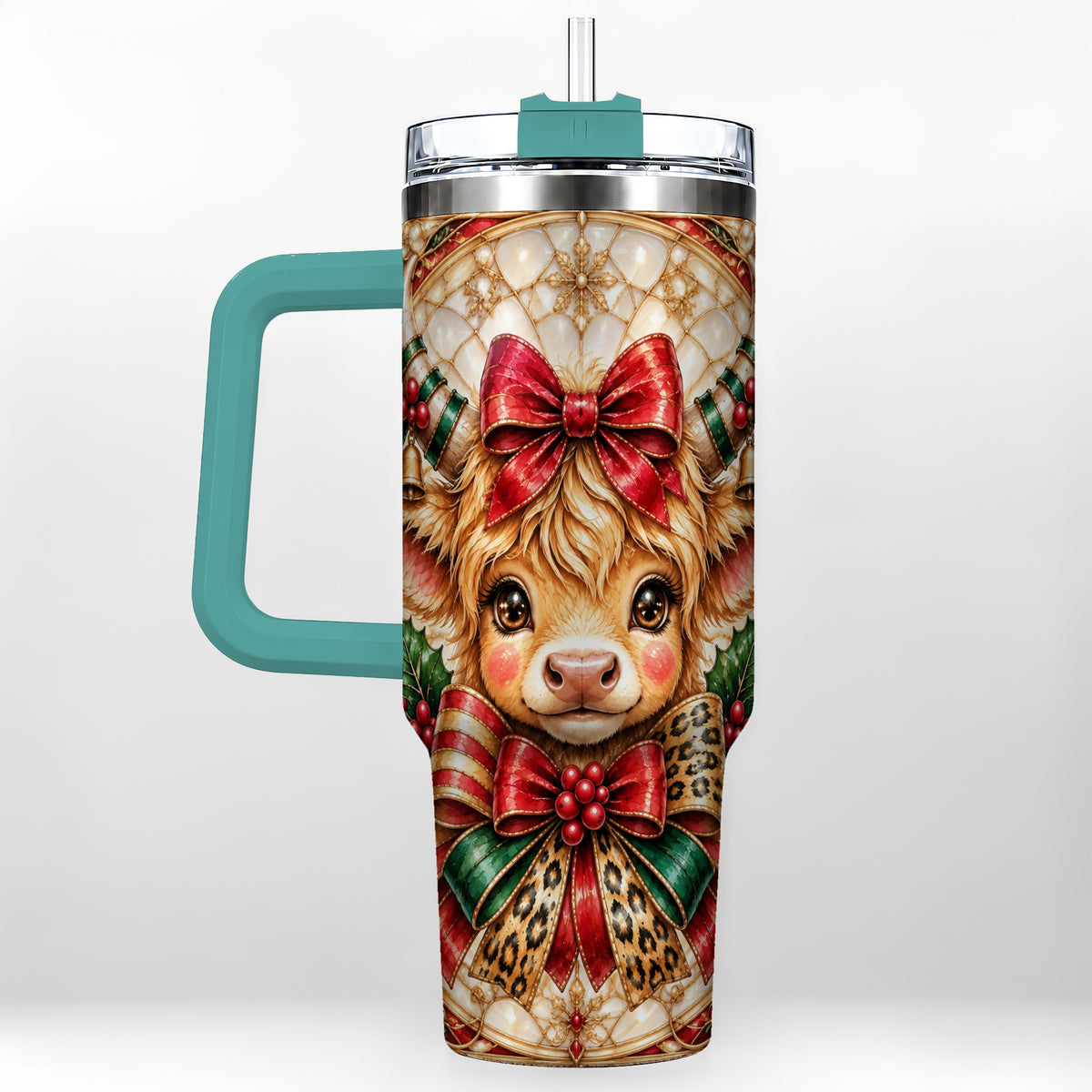 #pl[40oz|Green] Ornate Cow 40oz Tumbler, Christmas Cow Tumbler, Stainless Steel Travel Cup