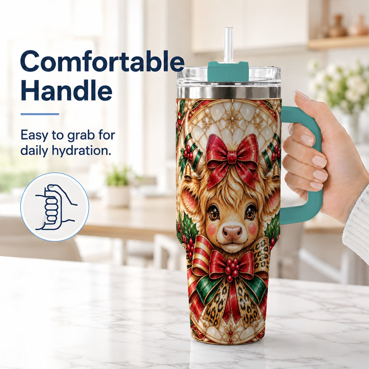 #pl[40oz|Green] Ornate Cow 40oz Tumbler, Christmas Cow Tumbler, Stainless Steel Travel Cup
