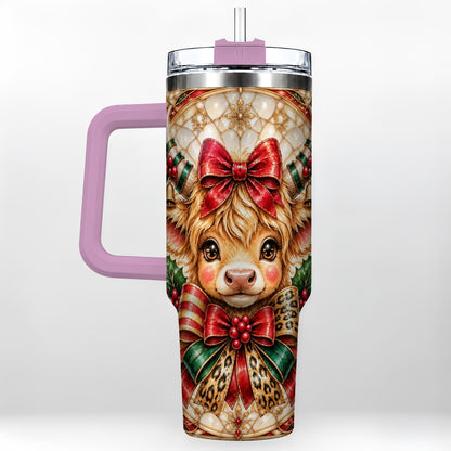 #pl[40oz|Pink] Ornate Cow 40oz Tumbler, Christmas Cow Tumbler, Stainless Steel Travel Cup