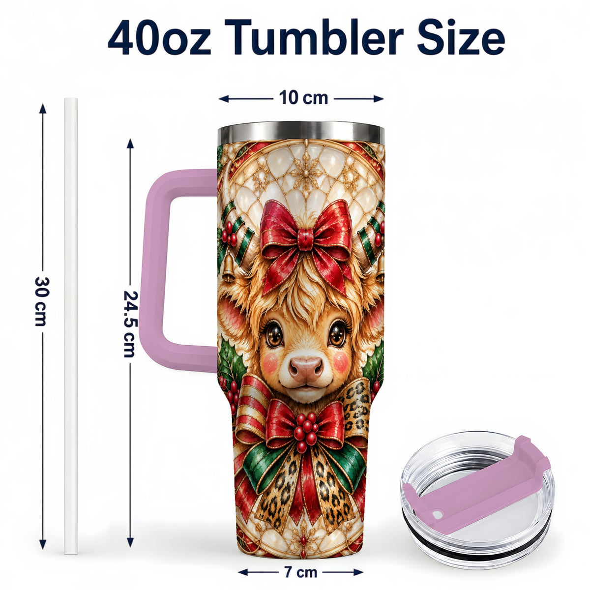 #pl[40oz|Pink] Ornate Cow 40oz Tumbler, Christmas Cow Tumbler, Stainless Steel Travel Cup