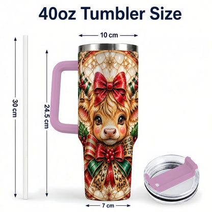 #pl[40oz|Pink] Ornate Cow 40oz Tumbler, Christmas Cow Tumbler, Stainless Steel Travel Cup
