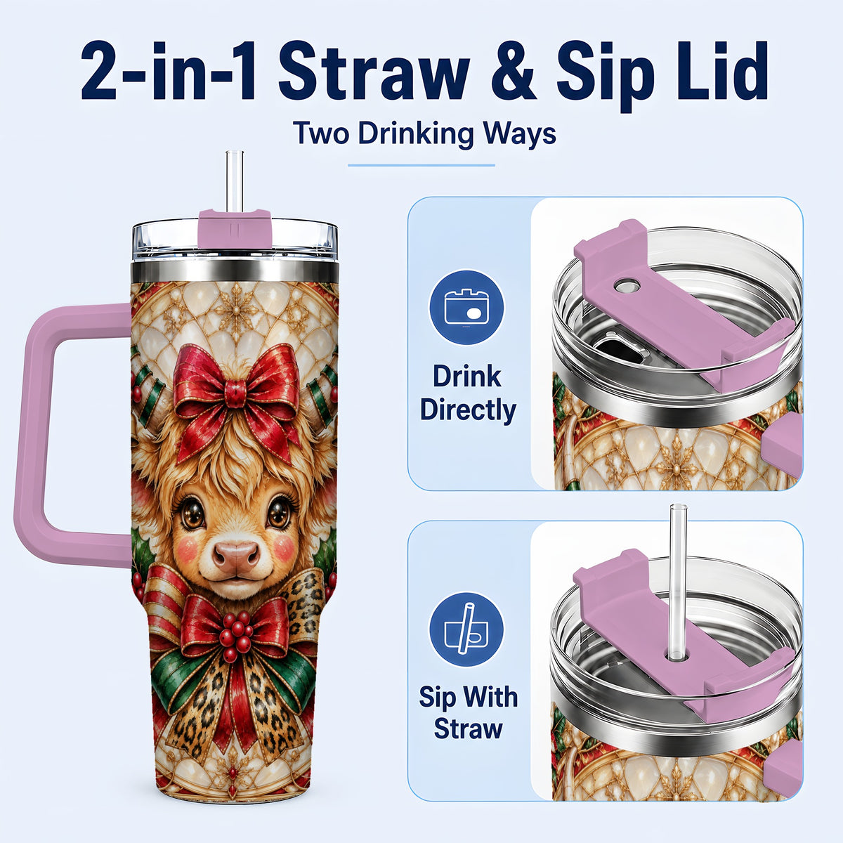 #pl[40oz|Pink] Ornate Cow 40oz Tumbler, Christmas Cow Tumbler, Stainless Steel Travel Cup