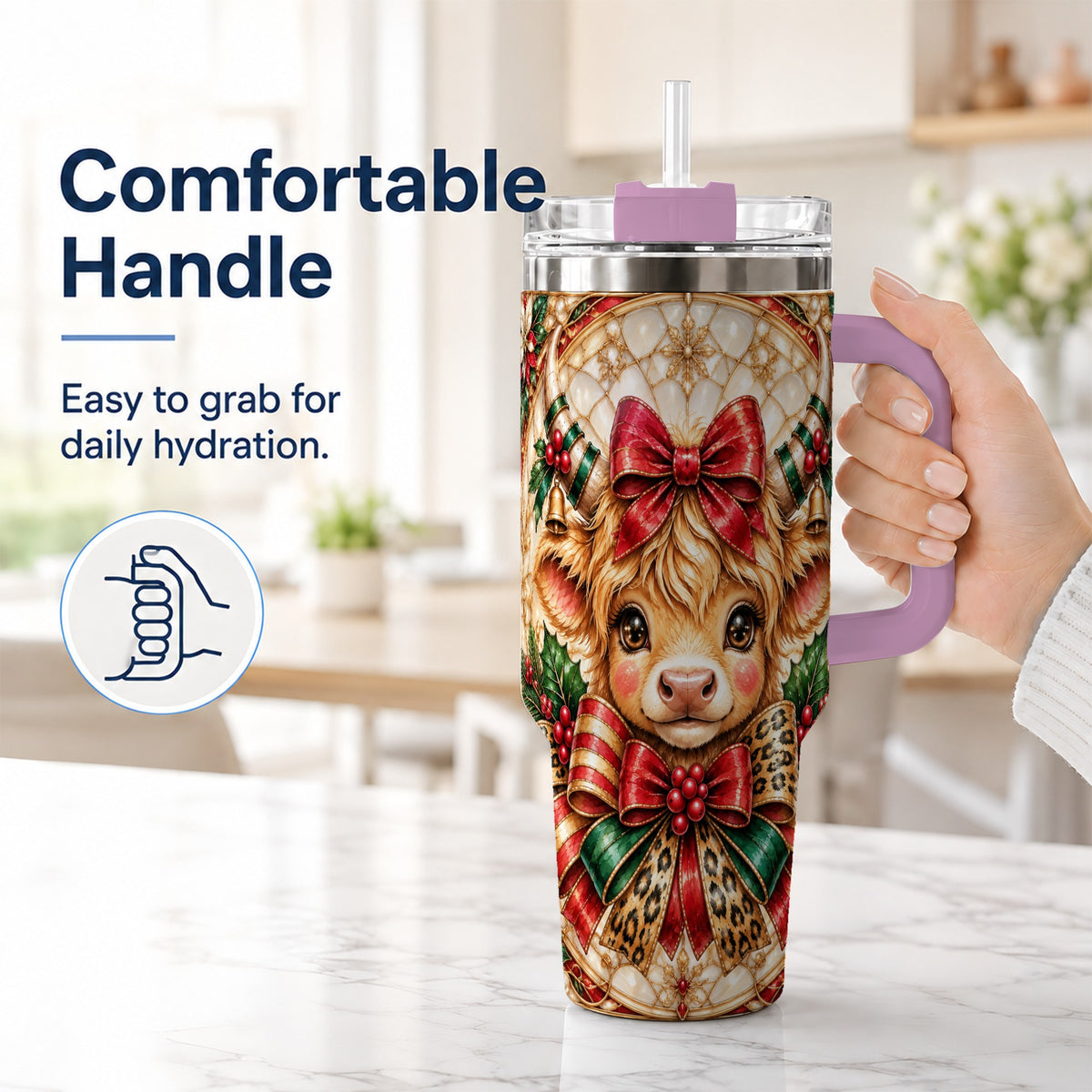 #pl[40oz|Pink] Ornate Cow 40oz Tumbler, Christmas Cow Tumbler, Stainless Steel Travel Cup