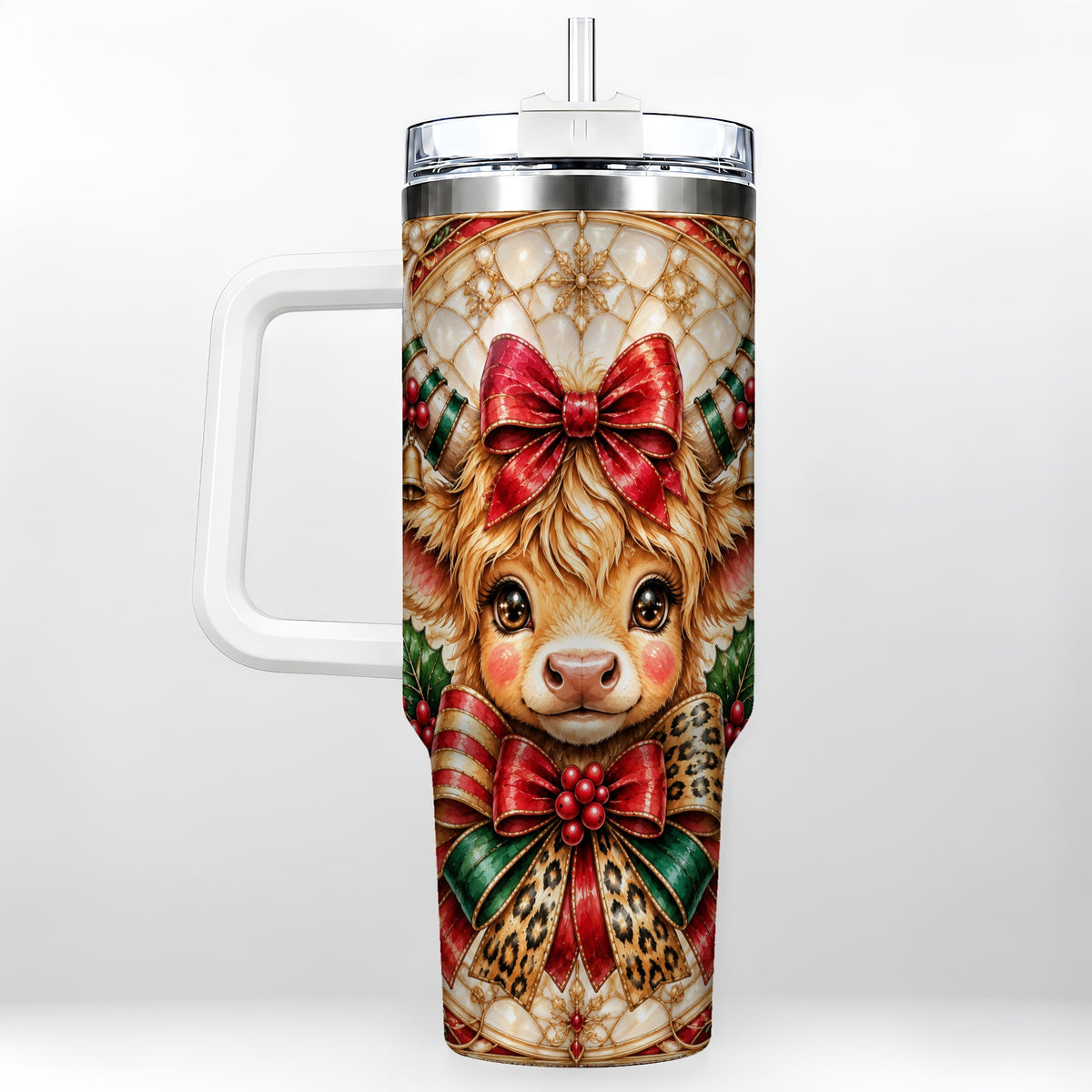 #pl[40oz|White] Ornate Cow 40oz Tumbler, Christmas Cow Tumbler, Stainless Steel Travel Cup