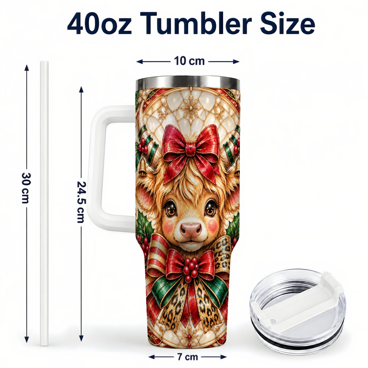 #pl[40oz|White] Ornate Cow 40oz Tumbler, Christmas Cow Tumbler, Stainless Steel Travel Cup