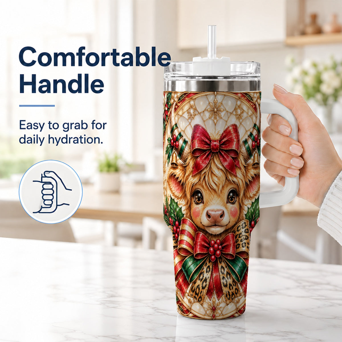 #pl[40oz|White] Ornate Cow 40oz Tumbler, Christmas Cow Tumbler, Stainless Steel Travel Cup