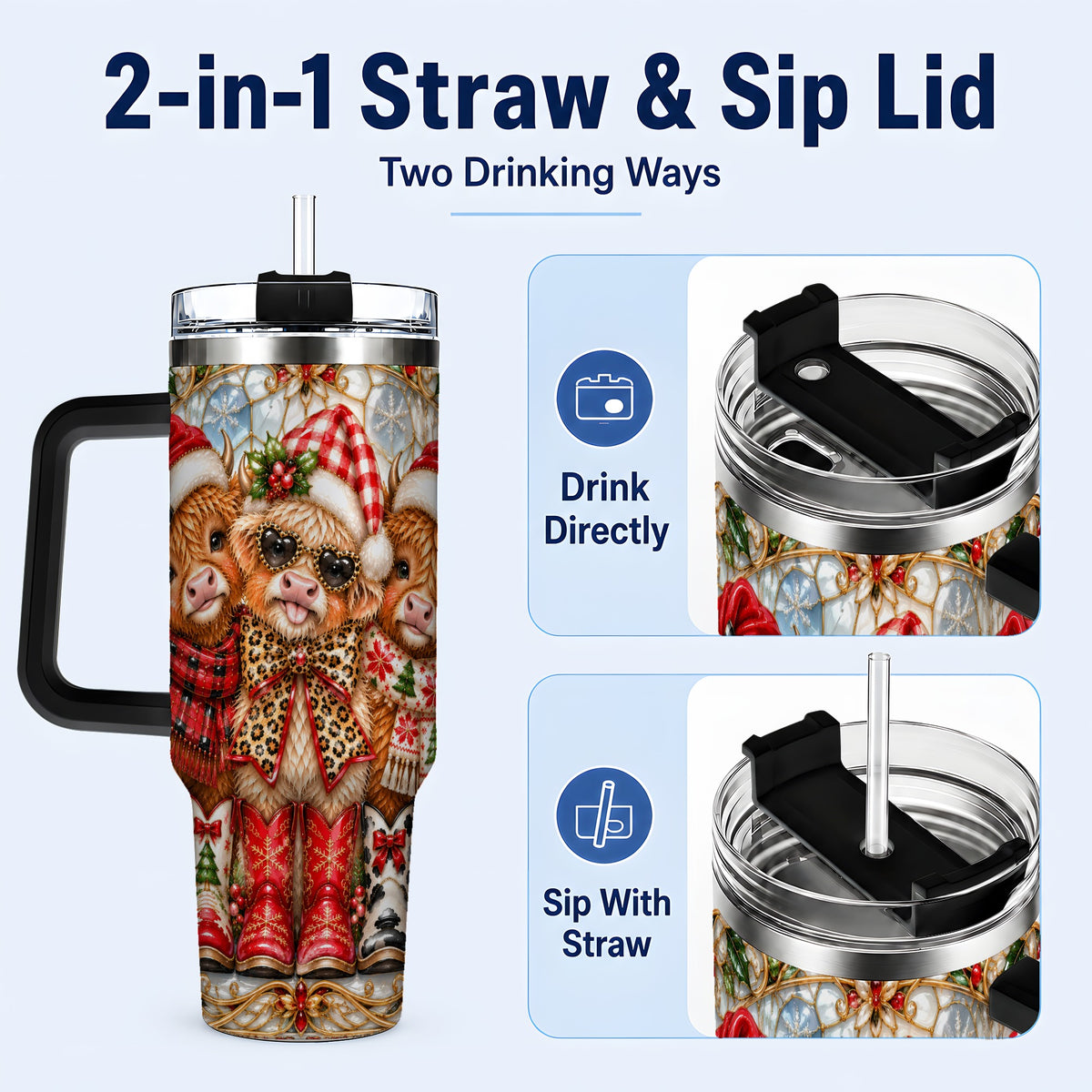 #pl[40oz|Black] Three Cow 40oz Tumbler, Christmas Cow Tumbler, Stainless Steel Travel Cup