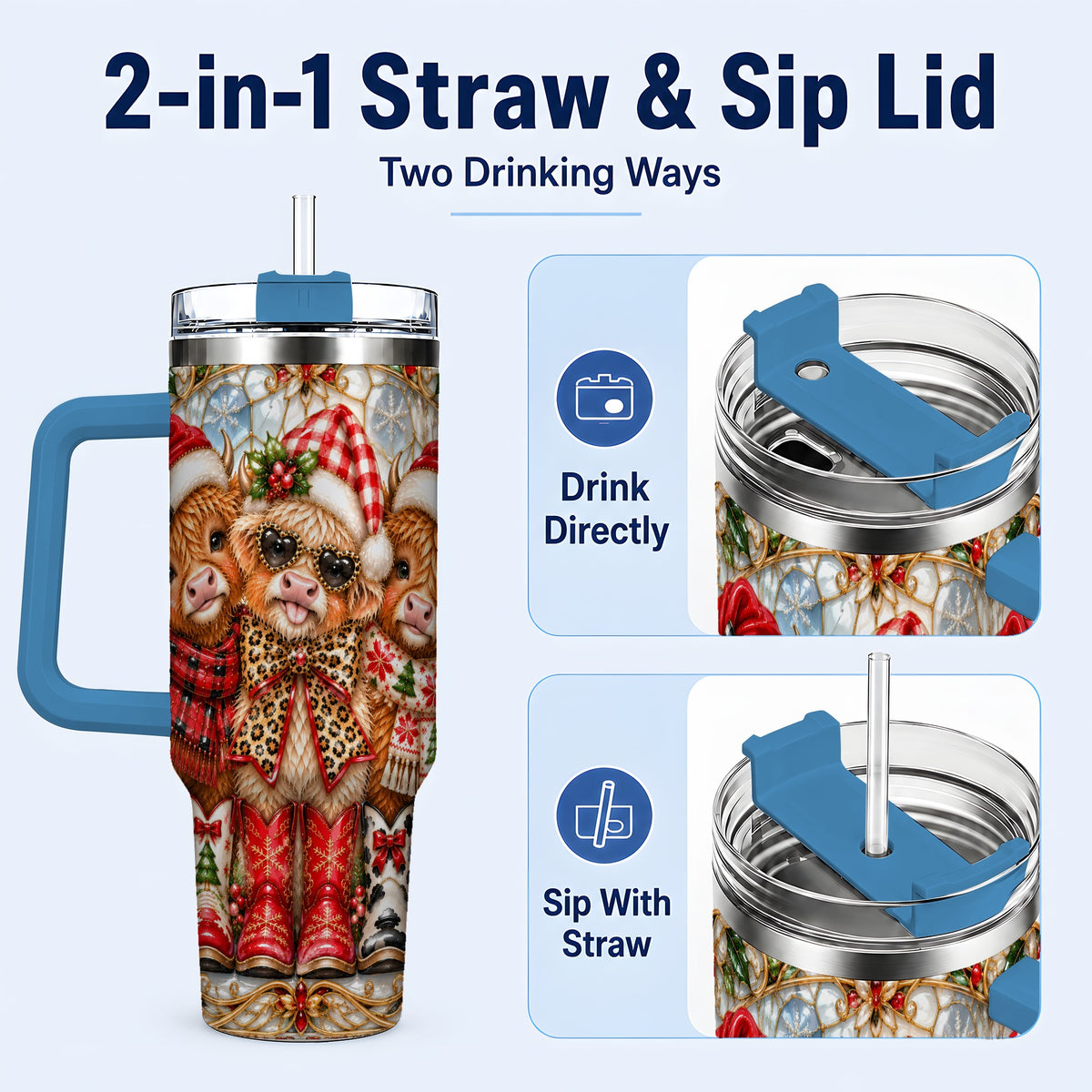 #pl[40oz|Blue] Three Cow 40oz Tumbler, Christmas Cow Tumbler, Stainless Steel Travel Cup
