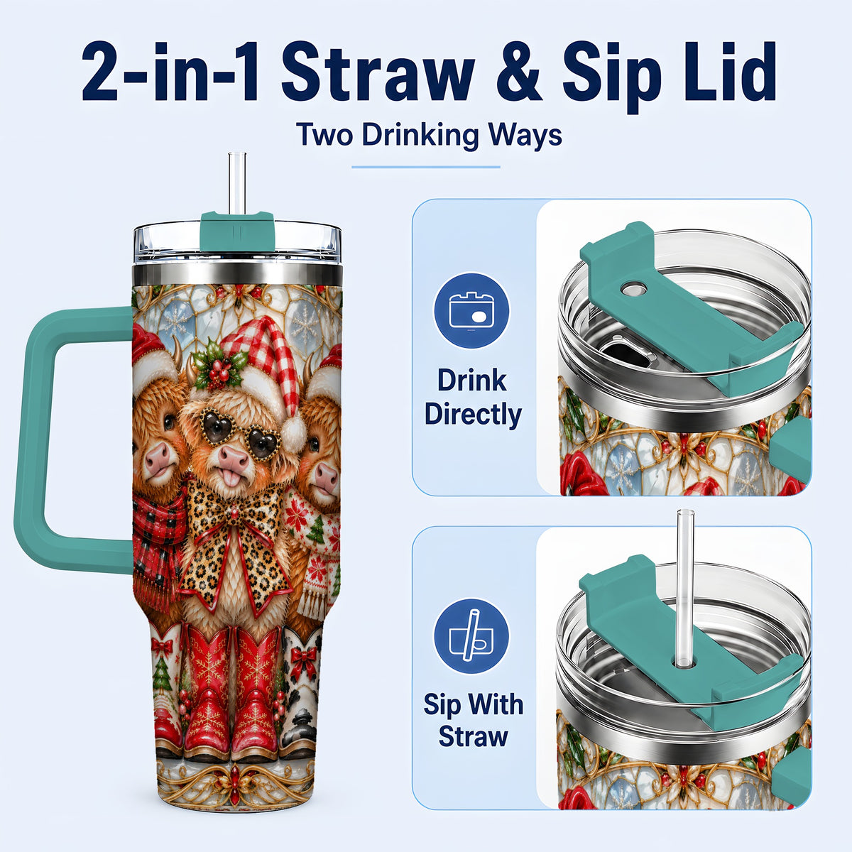 #pl[40oz|Green] Three Cow 40oz Tumbler, Christmas Cow Tumbler, Stainless Steel Travel Cup