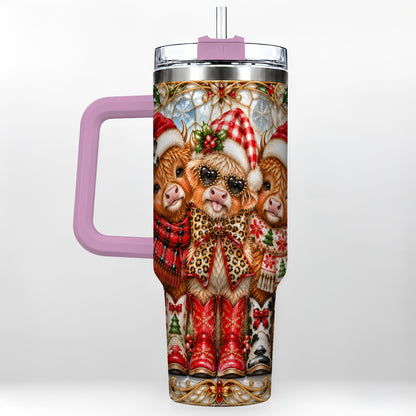 #pl[40oz|Pink] Three Cow 40oz Tumbler, Christmas Cow Tumbler, Stainless Steel Travel Cup