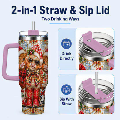 #pl[40oz|Pink] Three Cow 40oz Tumbler, Christmas Cow Tumbler, Stainless Steel Travel Cup