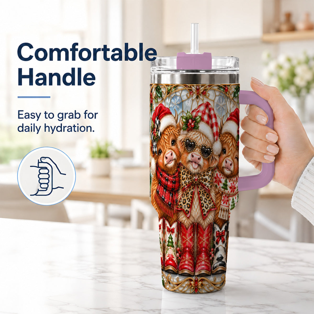 #pl[40oz|Pink] Three Cow 40oz Tumbler, Christmas Cow Tumbler, Stainless Steel Travel Cup