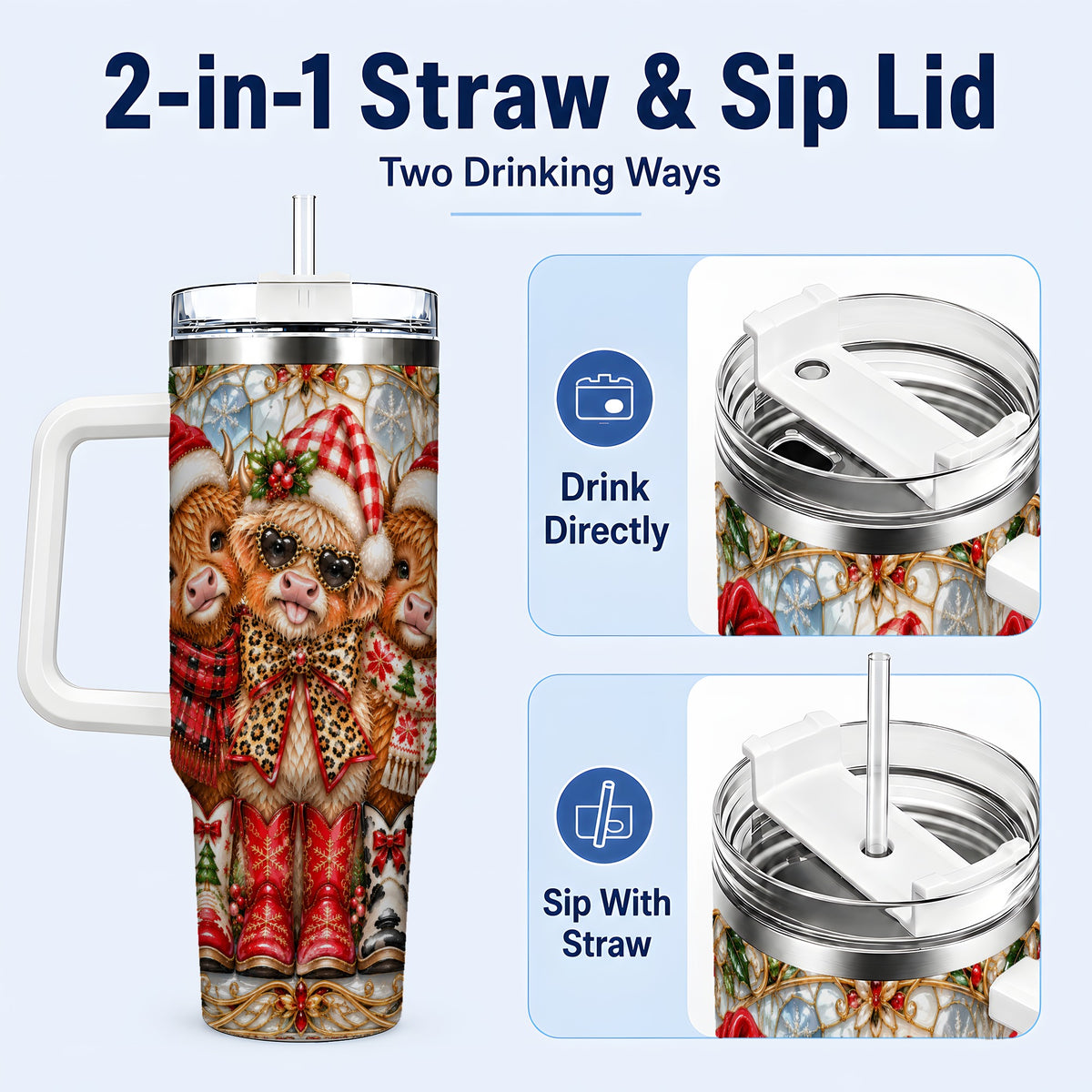 #pl[40oz|White] Three Cow 40oz Tumbler, Christmas Cow Tumbler, Stainless Steel Travel Cup