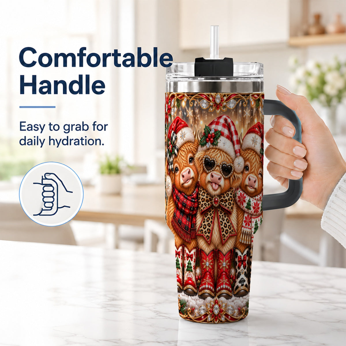 #pl[40oz|Black] Cow Trio 40oz Tumbler, Christmas Cow Tumbler, Stainless Steel Travel Cup