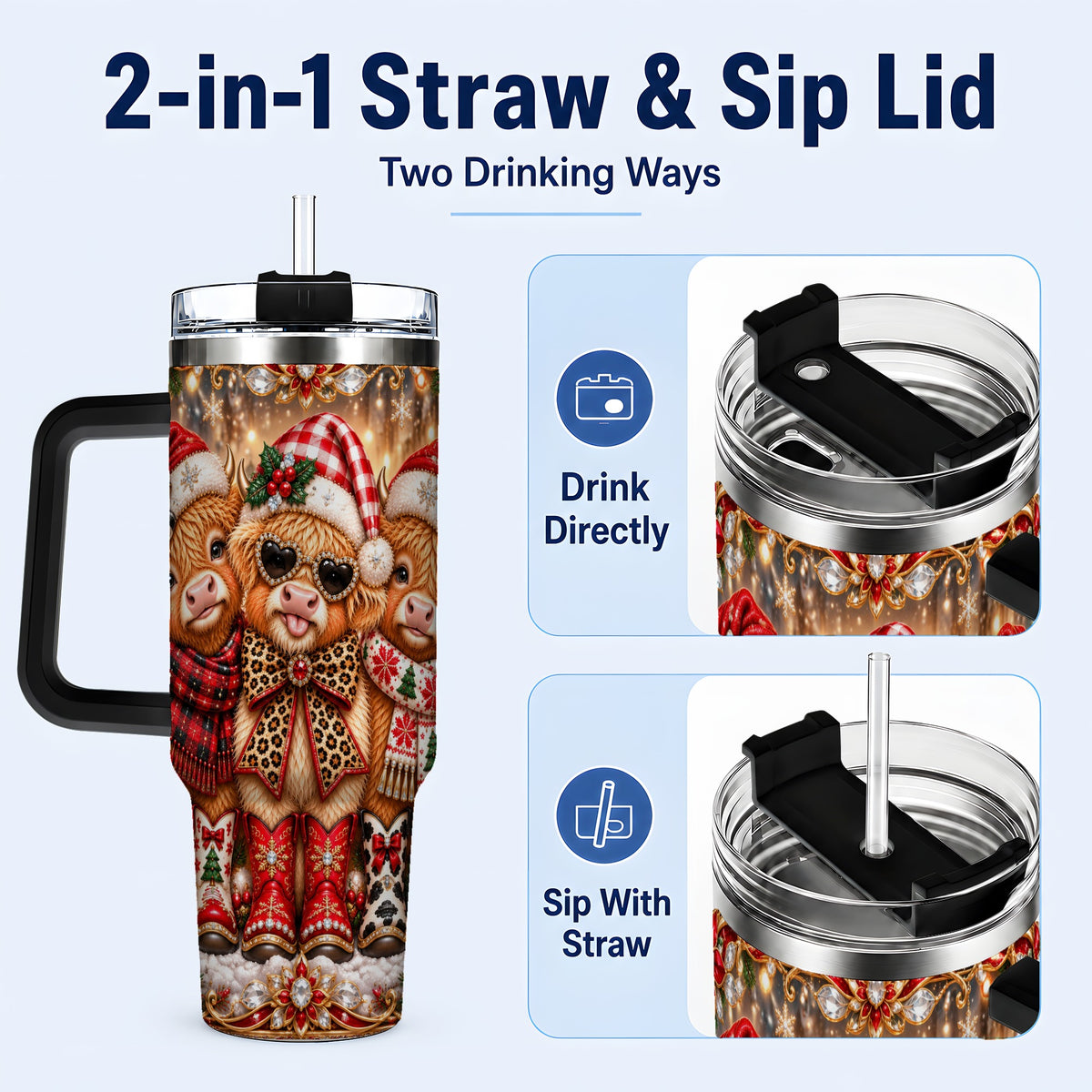 #pl[40oz|Black] Cow Trio 40oz Tumbler, Christmas Cow Tumbler, Stainless Steel Travel Cup
