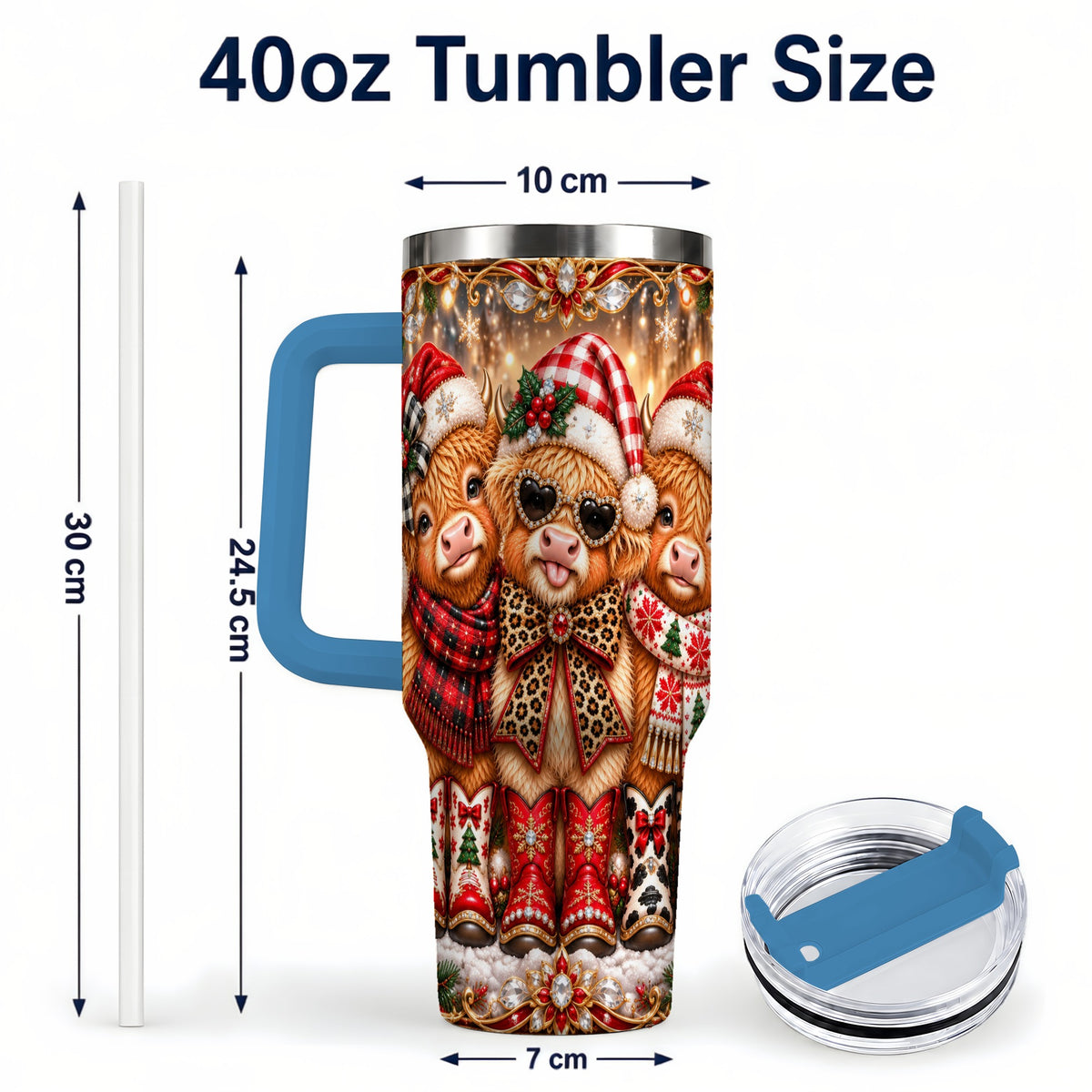 #pl[40oz|Blue] Cow Trio 40oz Tumbler, Christmas Cow Tumbler, Stainless Steel Travel Cup
