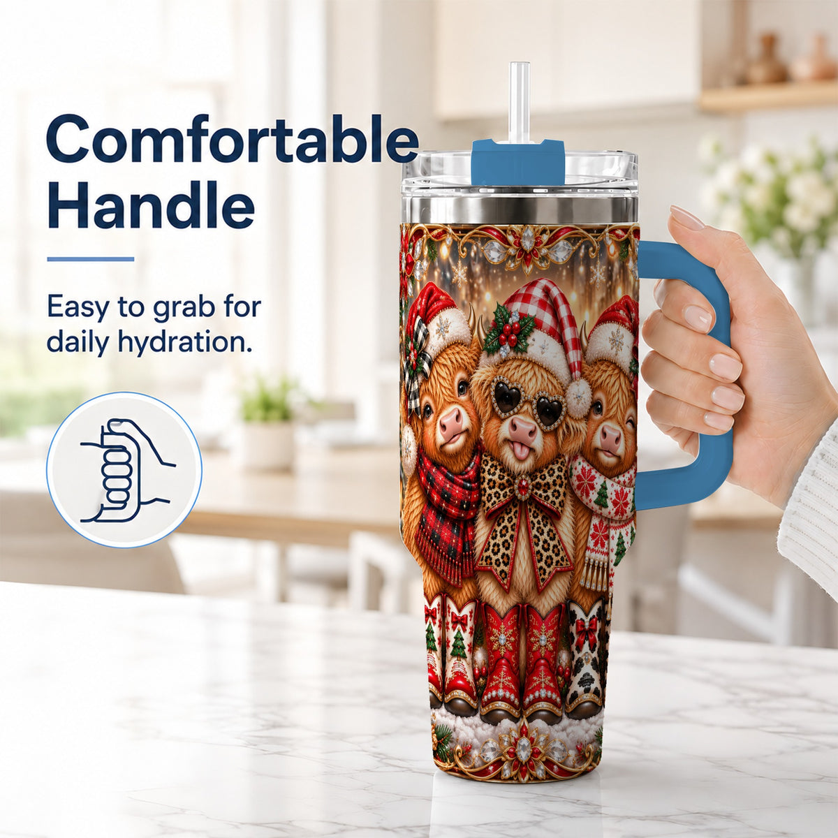 #pl[40oz|Blue] Cow Trio 40oz Tumbler, Christmas Cow Tumbler, Stainless Steel Travel Cup