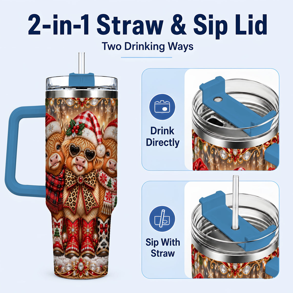 #pl[40oz|Blue] Cow Trio 40oz Tumbler, Christmas Cow Tumbler, Stainless Steel Travel Cup