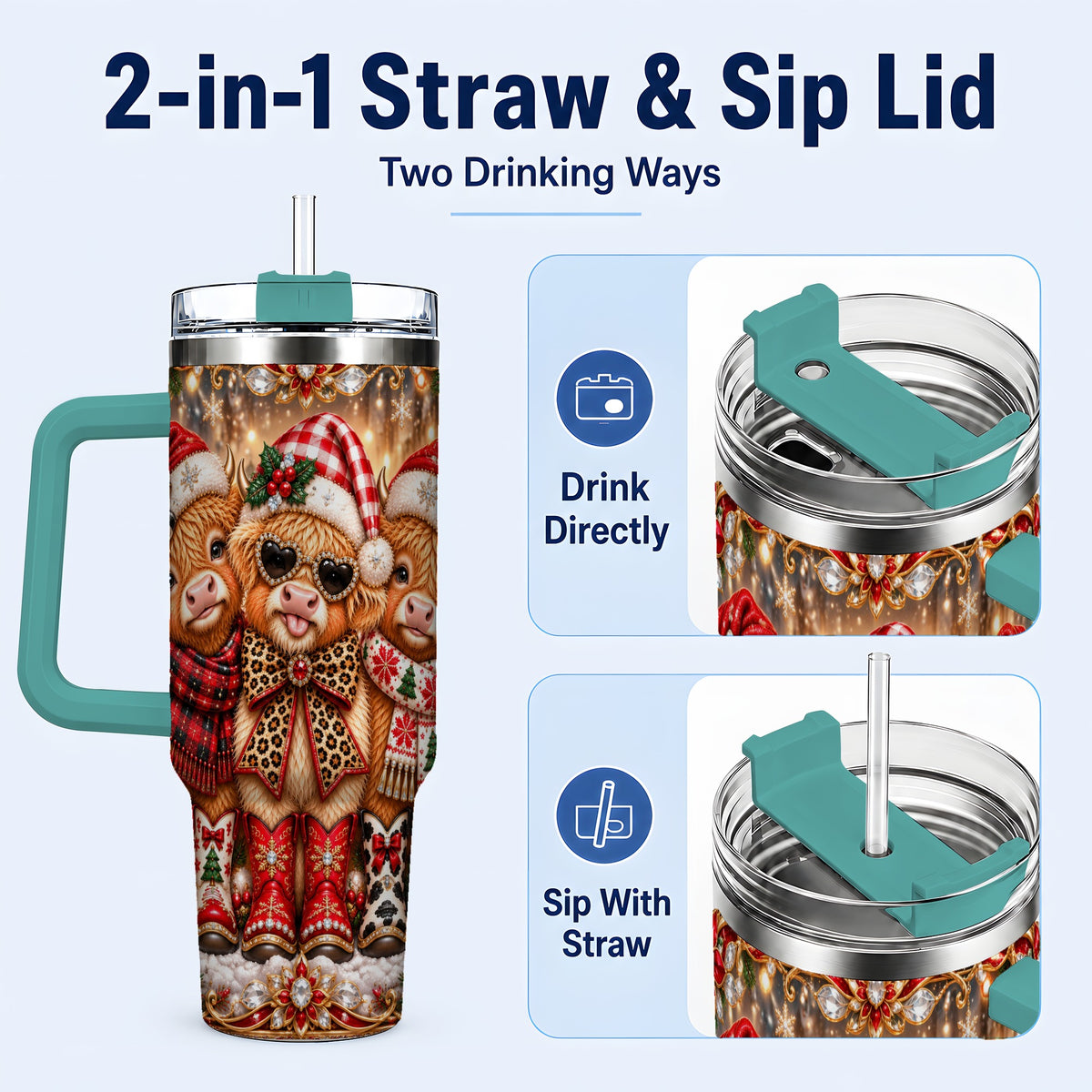 #pl[40oz|Green] Cow Trio 40oz Tumbler, Christmas Cow Tumbler, Stainless Steel Travel Cup