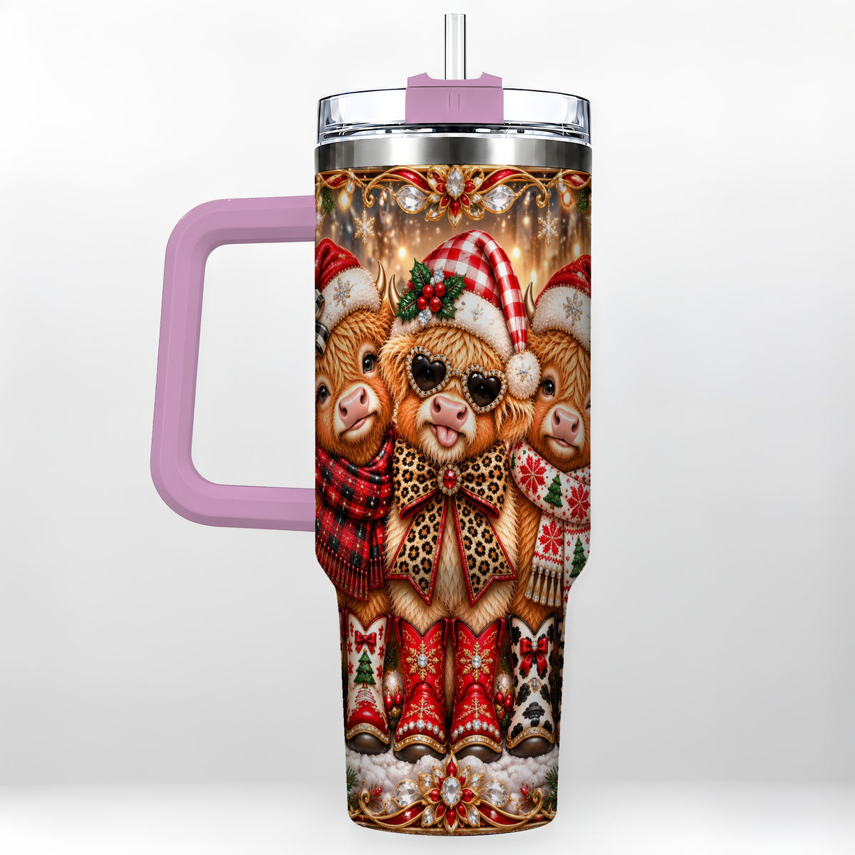 #pl[40oz|Pink] Cow Trio 40oz Tumbler, Christmas Cow Tumbler, Stainless Steel Travel Cup