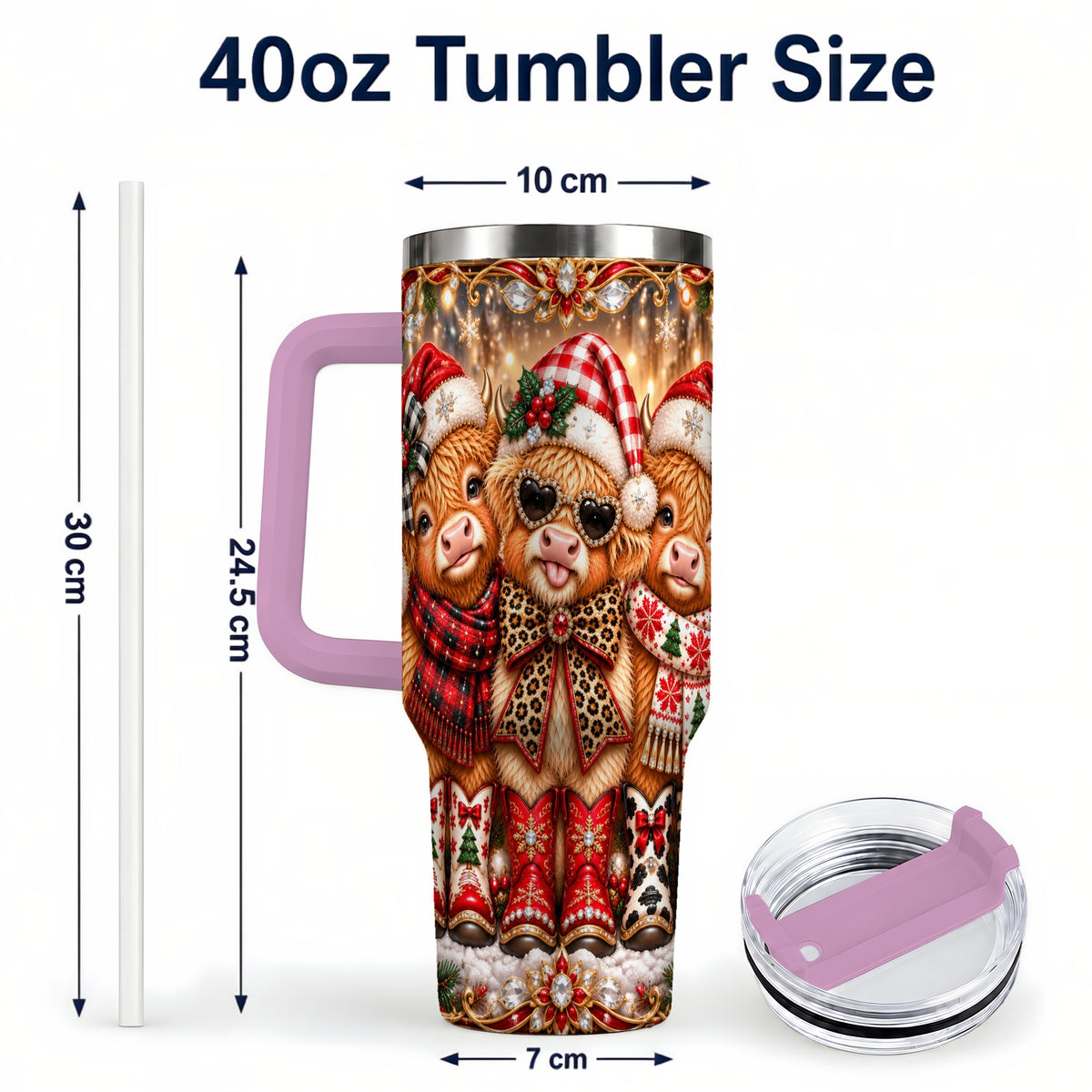 #pl[40oz|Pink] Cow Trio 40oz Tumbler, Christmas Cow Tumbler, Stainless Steel Travel Cup