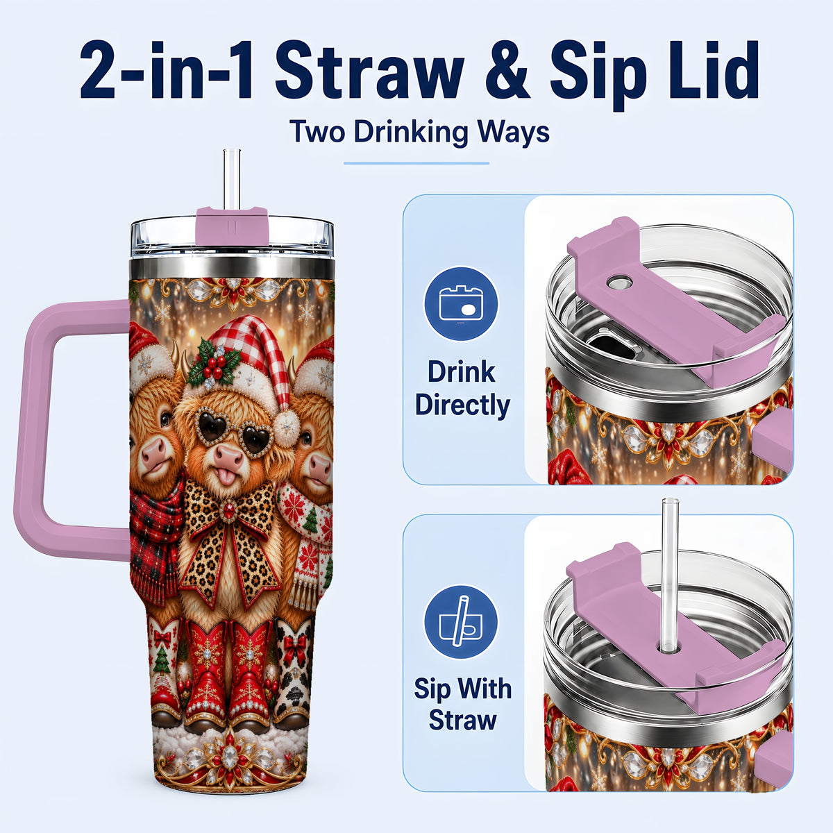 #pl[40oz|Pink] Cow Trio 40oz Tumbler, Christmas Cow Tumbler, Stainless Steel Travel Cup