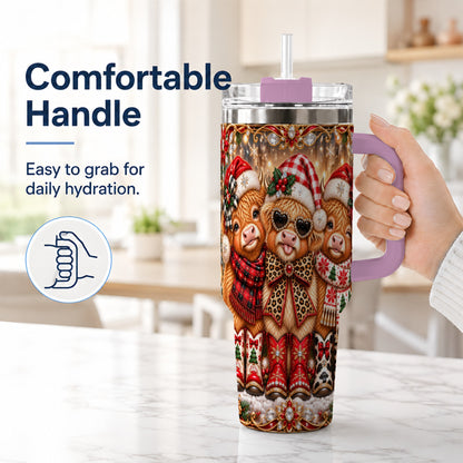 #pl[40oz|Pink] Cow Trio 40oz Tumbler, Christmas Cow Tumbler, Stainless Steel Travel Cup