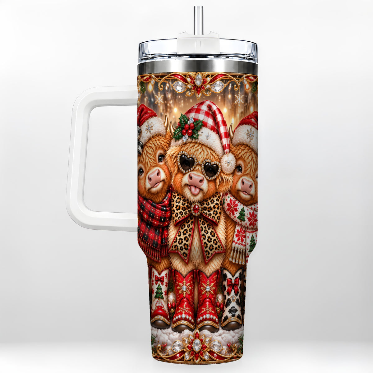 #pl[40oz|White] Cow Trio 40oz Tumbler, Christmas Cow Tumbler, Stainless Steel Travel Cup