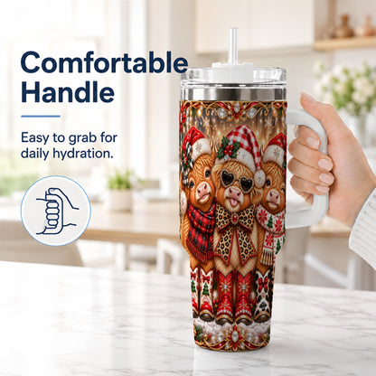 #pl[40oz|White] Cow Trio 40oz Tumbler, Christmas Cow Tumbler, Stainless Steel Travel Cup