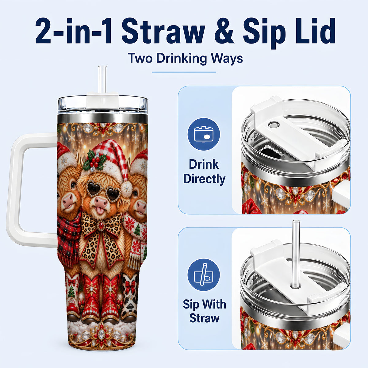#pl[40oz|White] Cow Trio 40oz Tumbler, Christmas Cow Tumbler, Stainless Steel Travel Cup