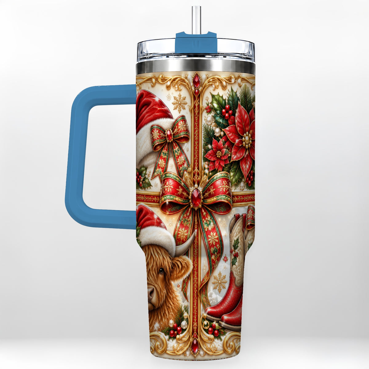 #pl[40oz|Blue] Western Cow 40oz Tumbler, Christmas Cow Tumbler, Stainless Steel Travel Cup
