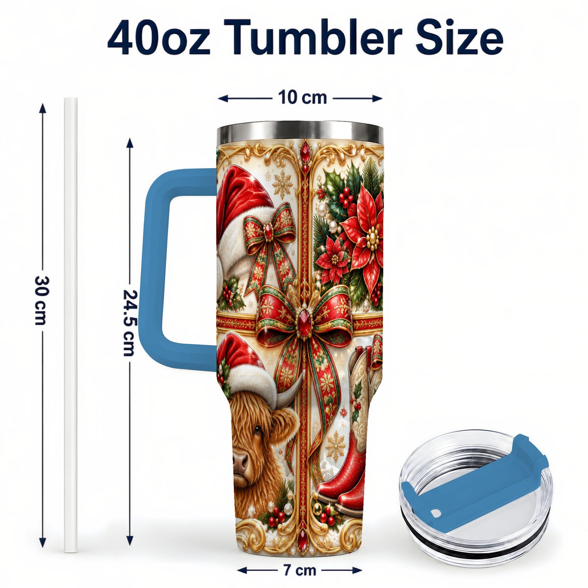 #pl[40oz|Blue] Western Cow 40oz Tumbler, Christmas Cow Tumbler, Stainless Steel Travel Cup