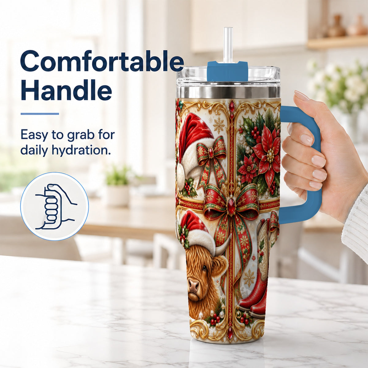 #pl[40oz|Blue] Western Cow 40oz Tumbler, Christmas Cow Tumbler, Stainless Steel Travel Cup