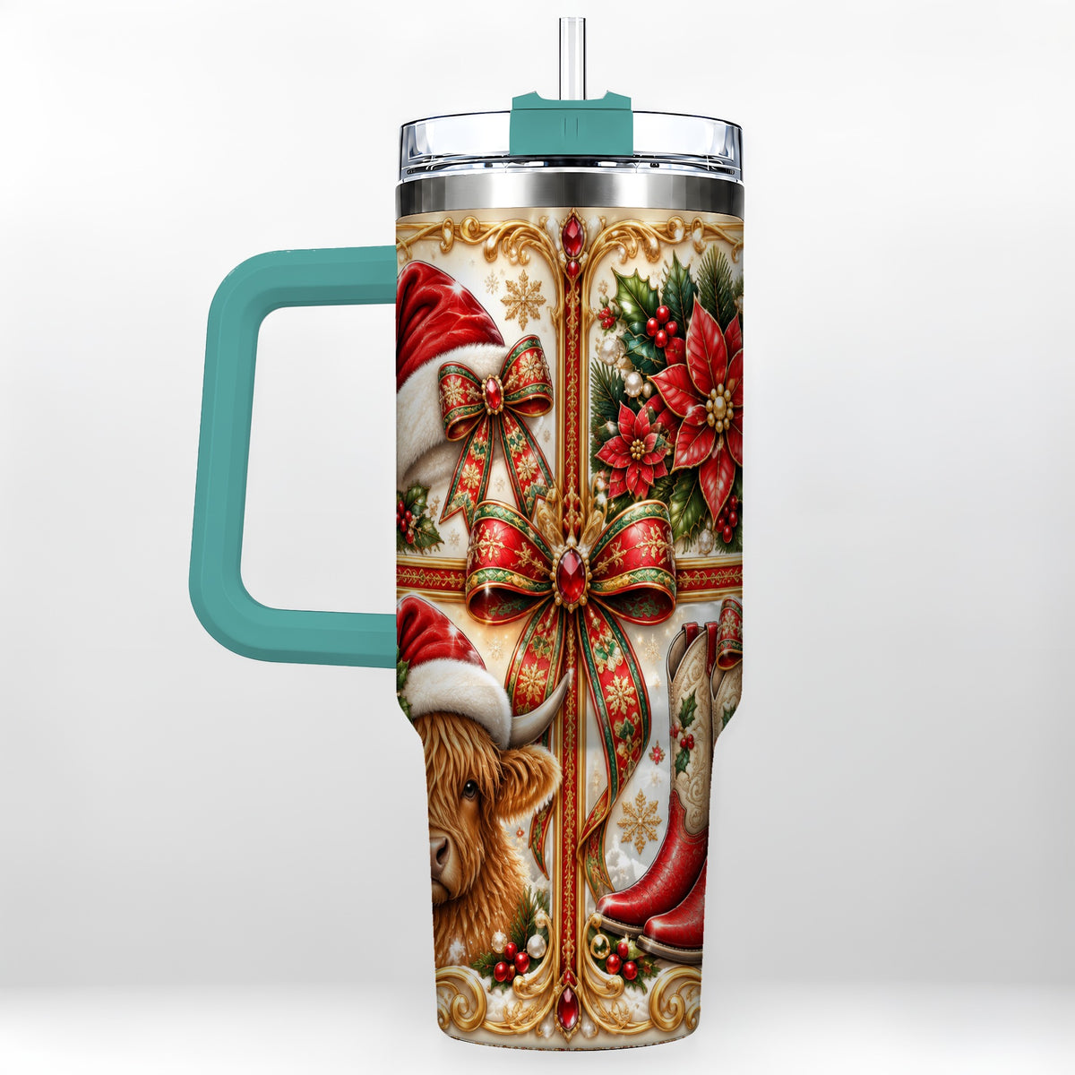 #pl[40oz|Green] Western Cow 40oz Tumbler, Christmas Cow Tumbler, Stainless Steel Travel Cup