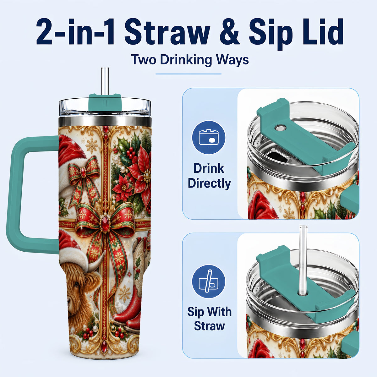#pl[40oz|Green] Western Cow 40oz Tumbler, Christmas Cow Tumbler, Stainless Steel Travel Cup