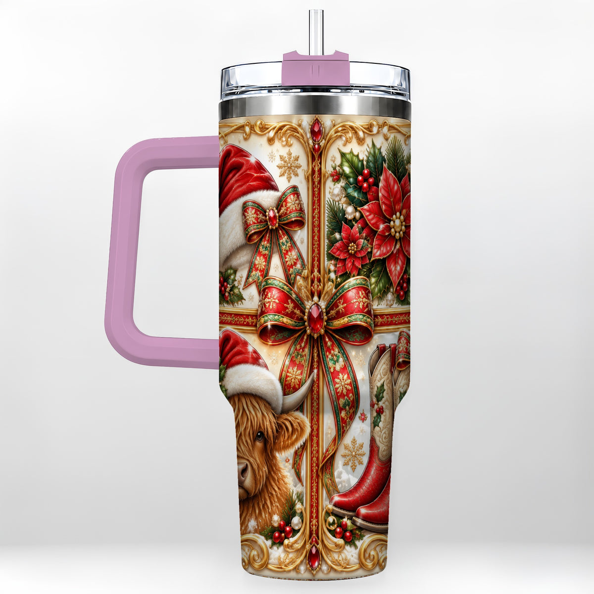 #pl[40oz|Pink] Western Cow 40oz Tumbler, Christmas Cow Tumbler, Stainless Steel Travel Cup