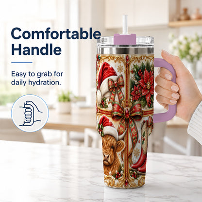 #pl[40oz|Pink] Western Cow 40oz Tumbler, Christmas Cow Tumbler, Stainless Steel Travel Cup