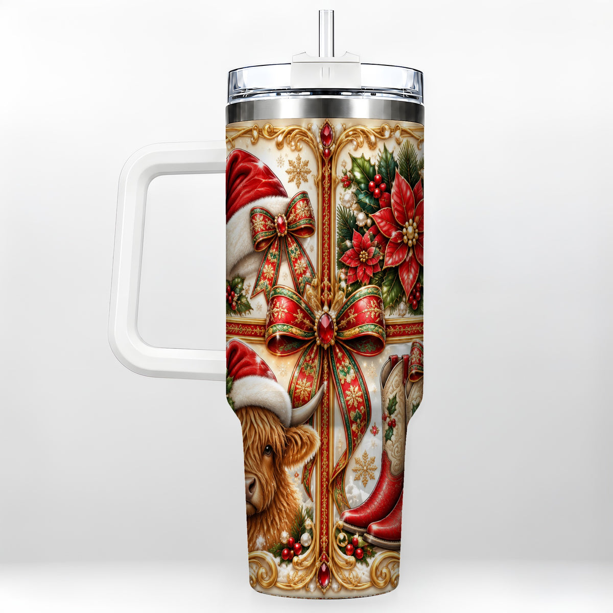 #pl[40oz|White] Western Cow 40oz Tumbler, Christmas Cow Tumbler, Stainless Steel Travel Cup