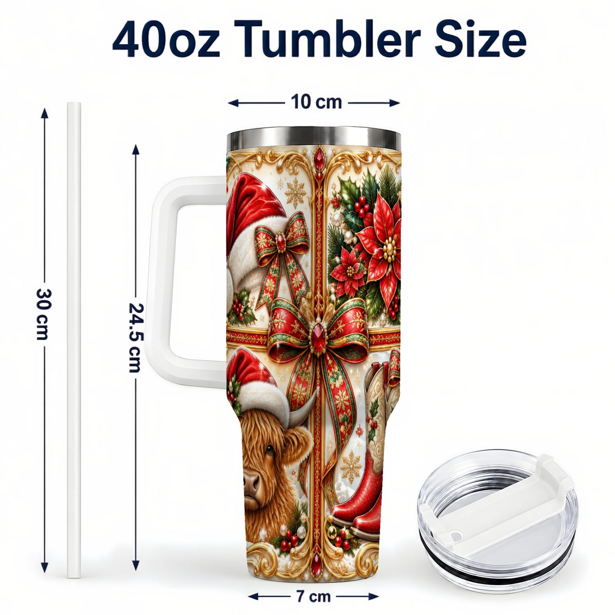 #pl[40oz|White] Western Cow 40oz Tumbler, Christmas Cow Tumbler, Stainless Steel Travel Cup