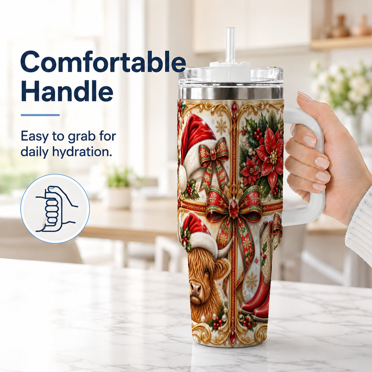#pl[40oz|White] Western Cow 40oz Tumbler, Christmas Cow Tumbler, Stainless Steel Travel Cup