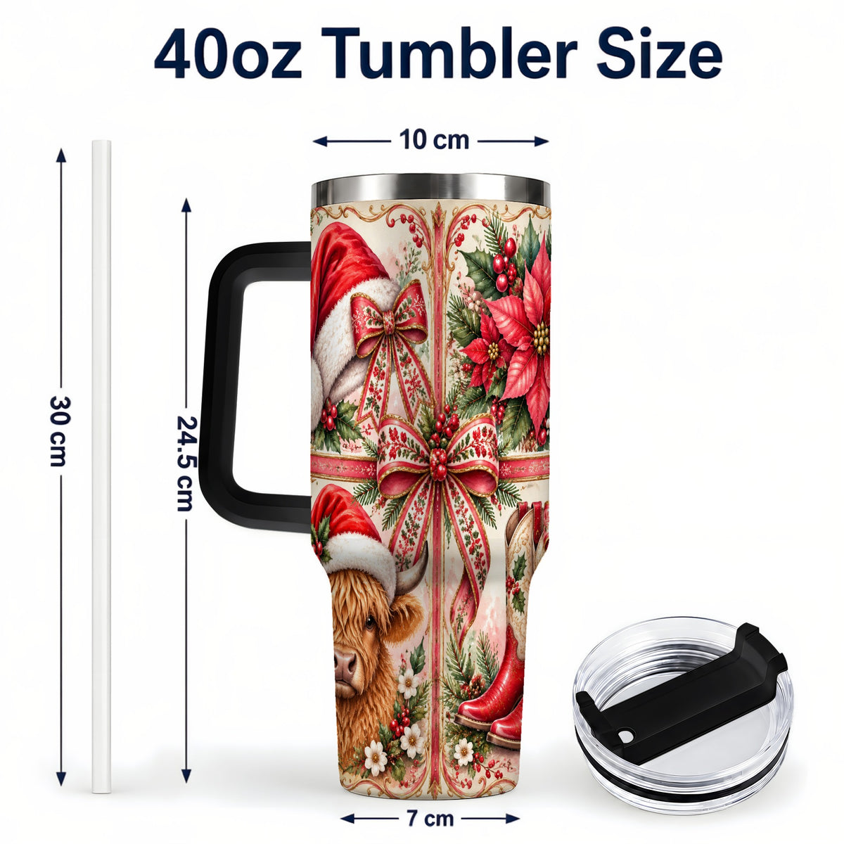 #pl[40oz|Black] Christmas Cow 40oz Tumbler with Handle, Western Stainless Steel Travel Cup