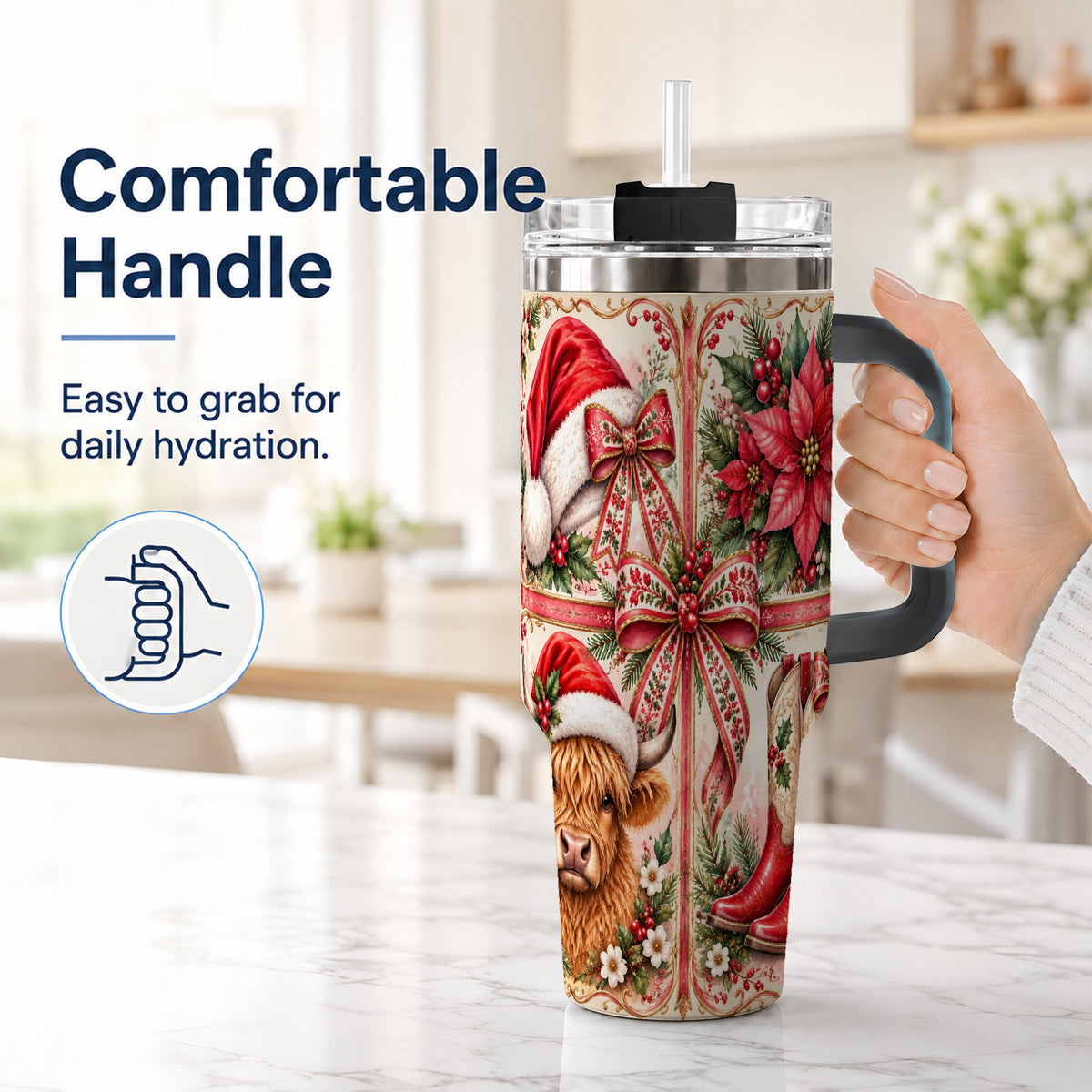 #pl[40oz|Black] Christmas Cow 40oz Tumbler with Handle, Western Stainless Steel Travel Cup