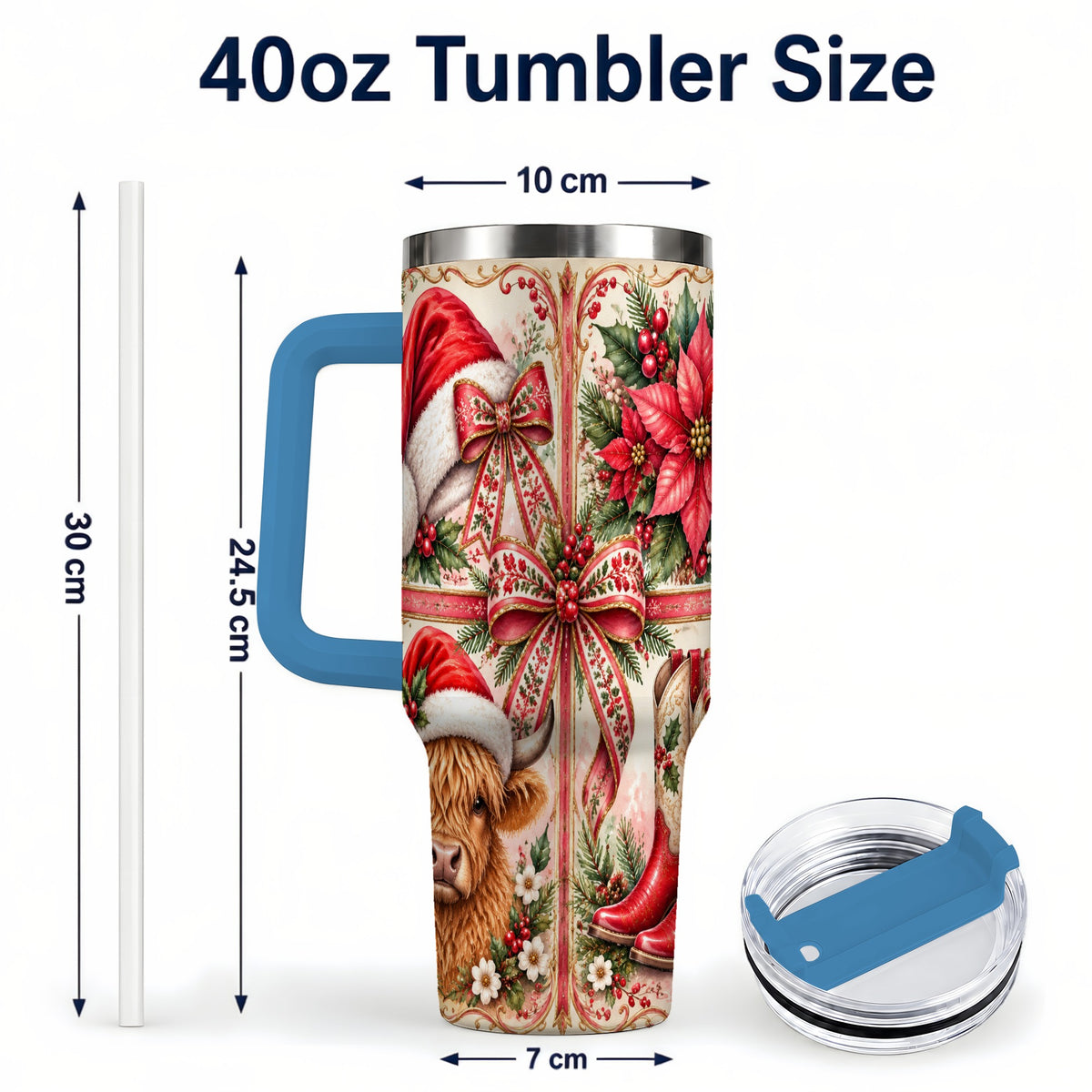 #pl[40oz|Blue] Christmas Cow 40oz Tumbler with Handle, Western Stainless Steel Travel Cup