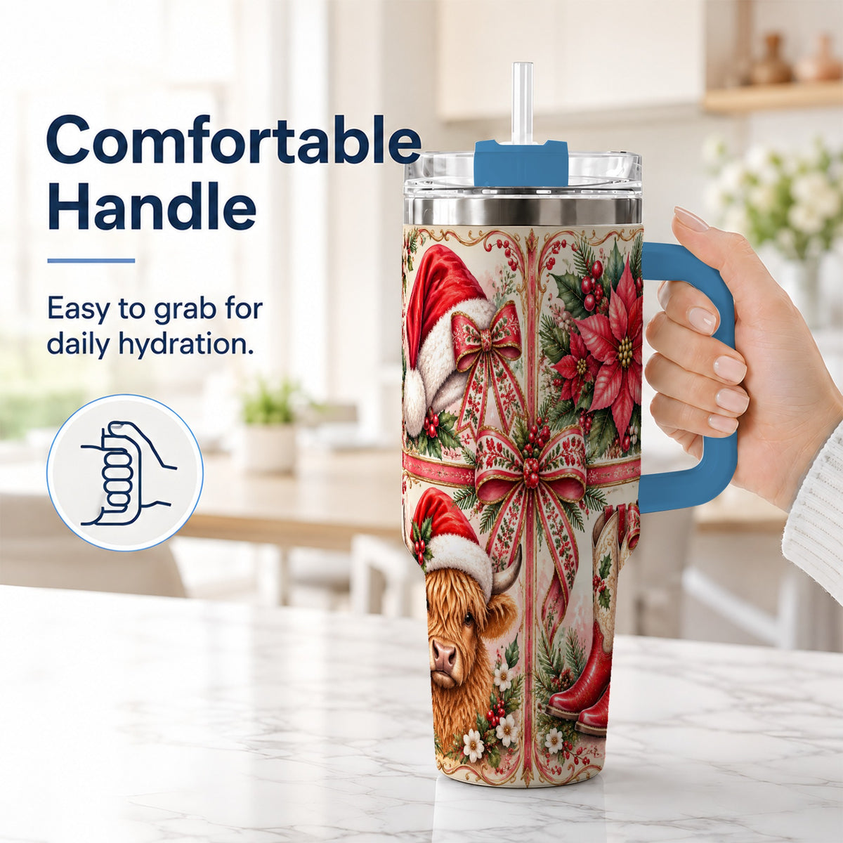 #pl[40oz|Blue] Christmas Cow 40oz Tumbler with Handle, Western Stainless Steel Travel Cup