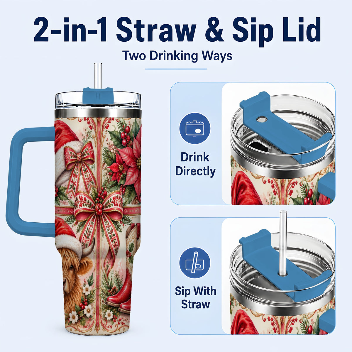 #pl[40oz|Blue] Christmas Cow 40oz Tumbler with Handle, Western Stainless Steel Travel Cup