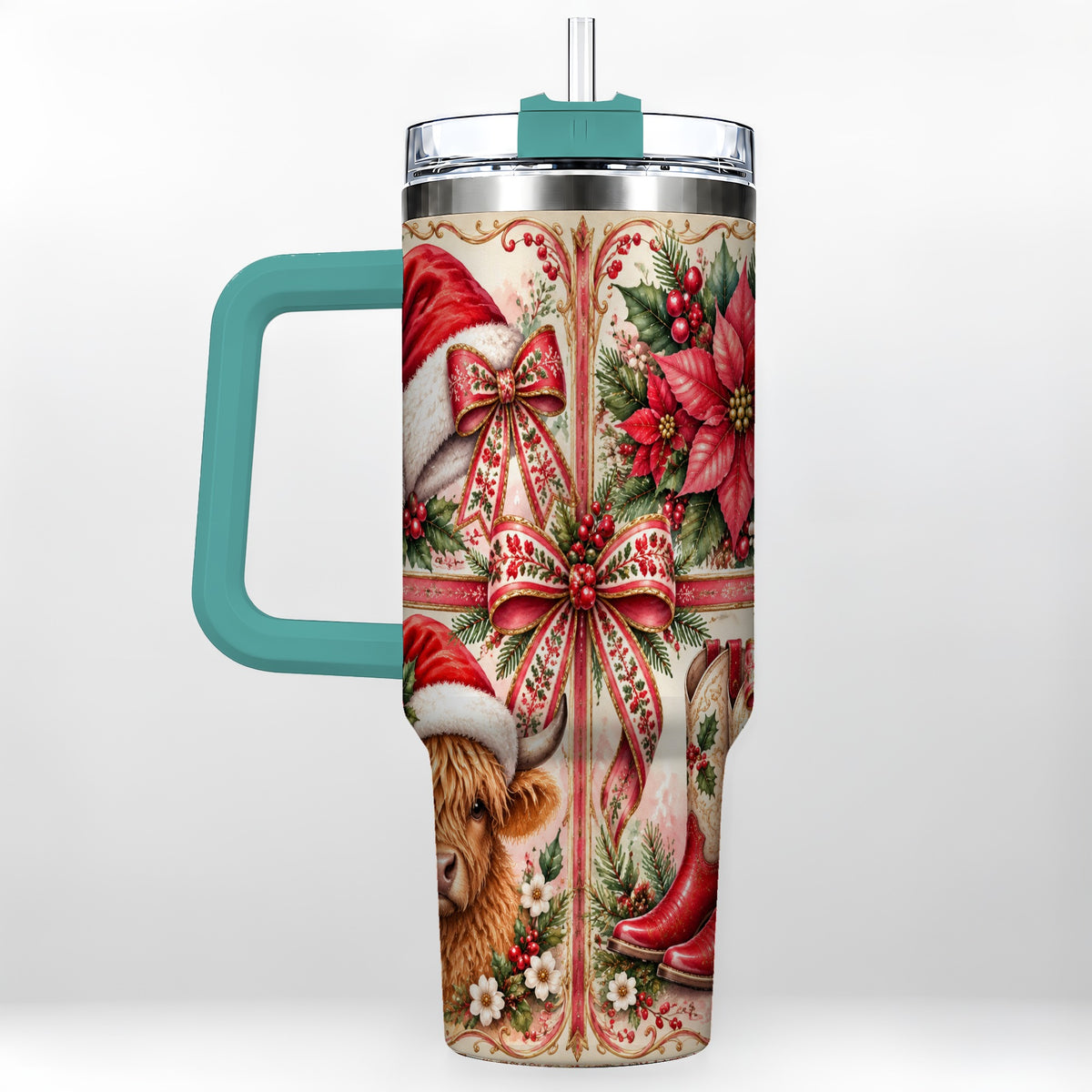#pl[40oz|Green] Christmas Cow 40oz Tumbler with Handle, Western Stainless Steel Travel Cup