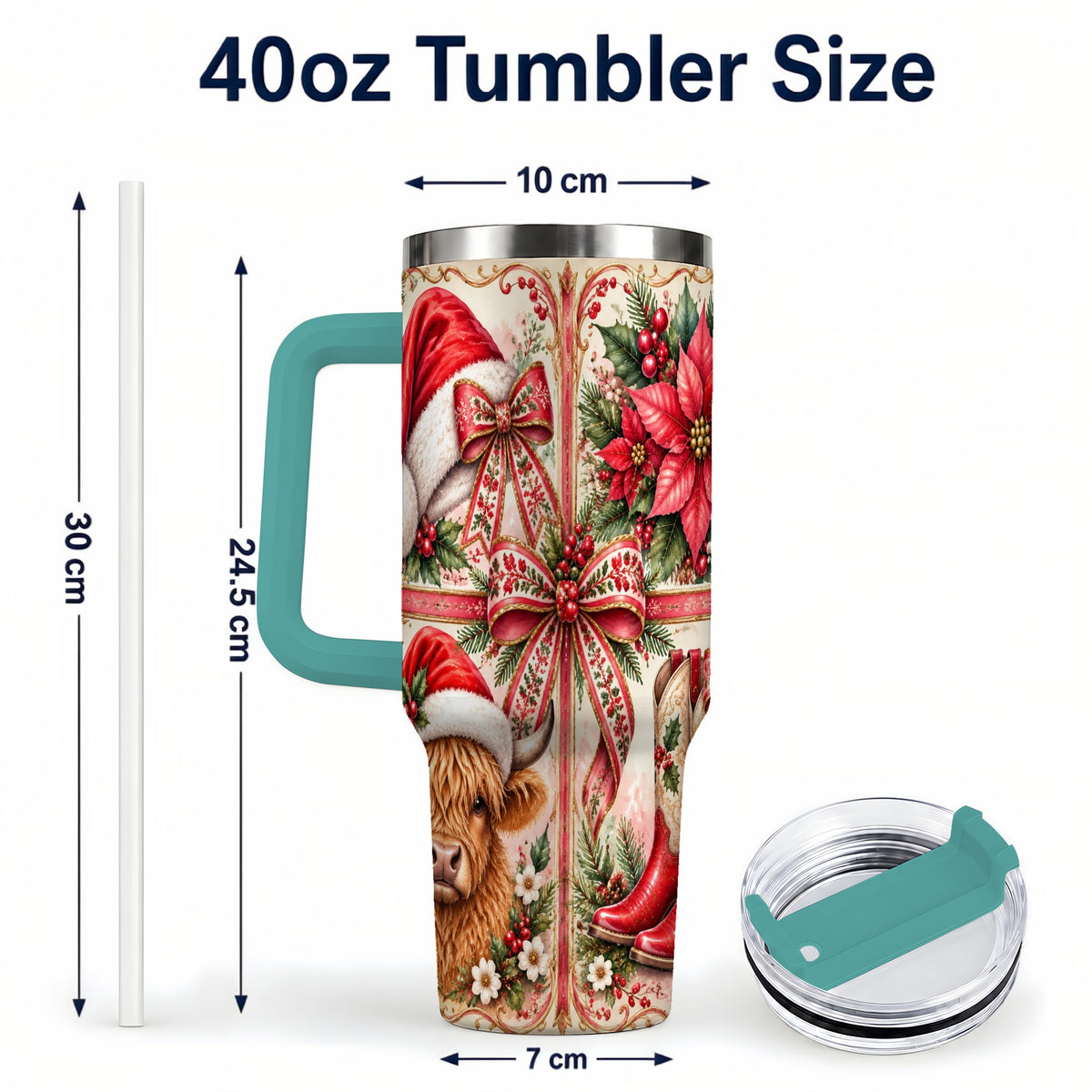 #pl[40oz|Green] Christmas Cow 40oz Tumbler with Handle, Western Stainless Steel Travel Cup