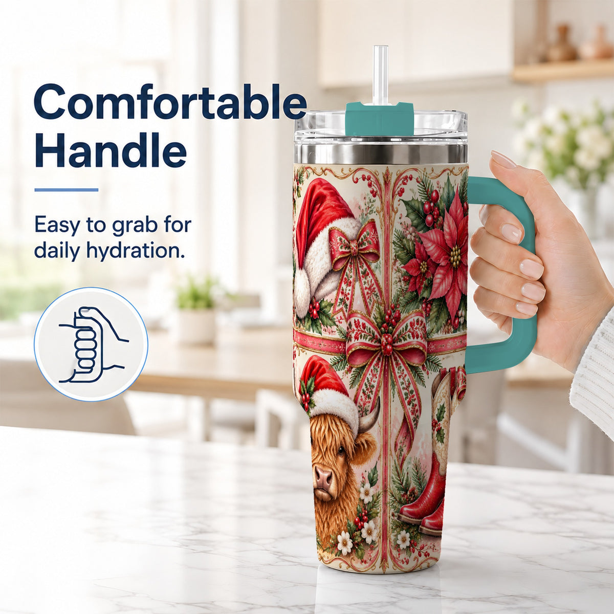 #pl[40oz|Green] Christmas Cow 40oz Tumbler with Handle, Western Stainless Steel Travel Cup